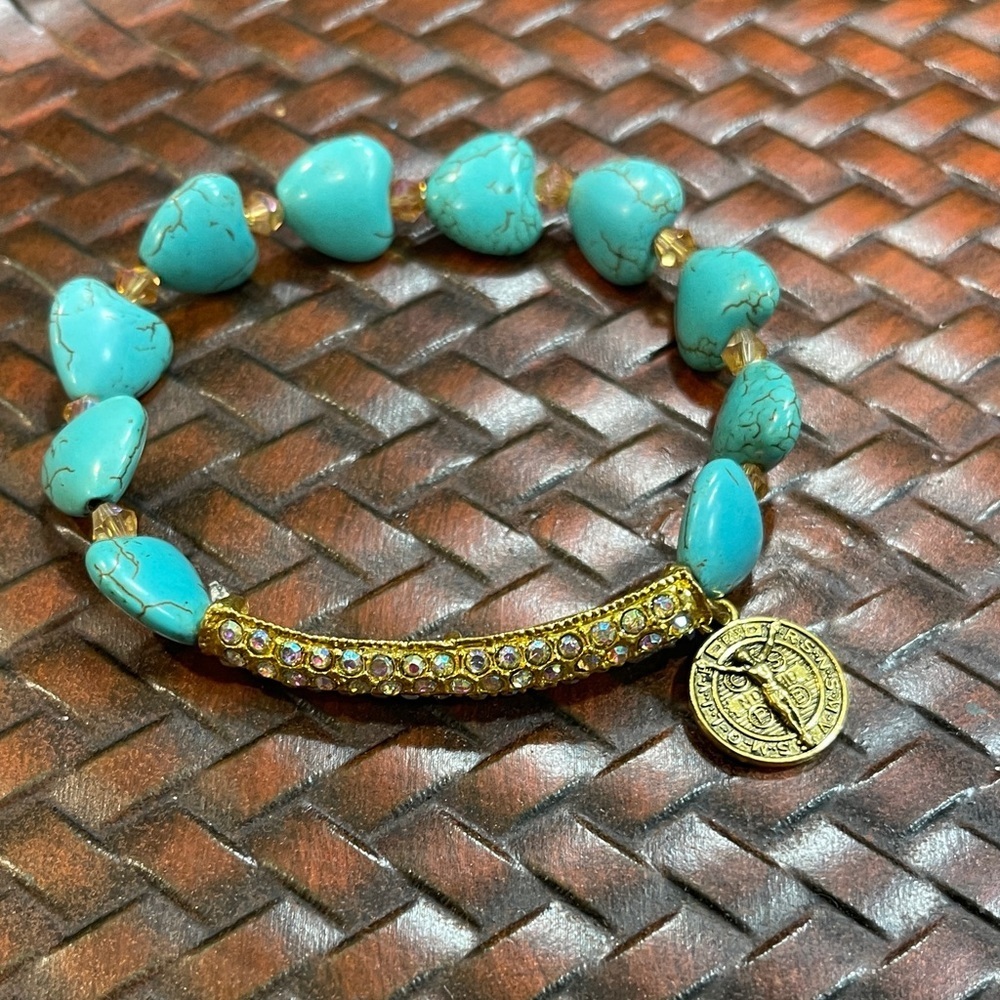 Turquoise Beaded Bracelet with Gold Accents St. Benedict Charm